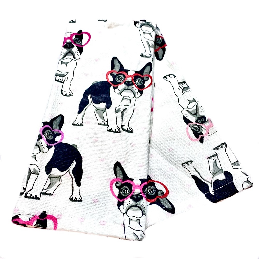 2pk Kitchen Towels ◈ Frenchie Glasses Valentines Heart
